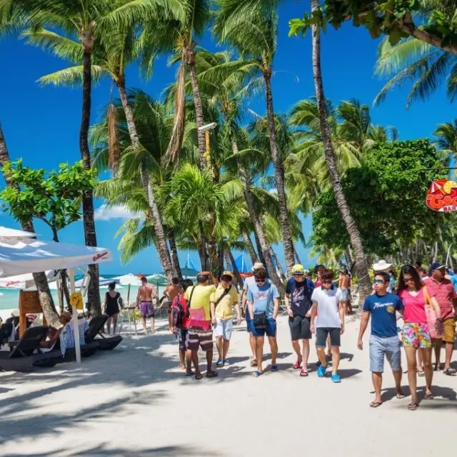 main beach busy shop restaurant street in boracay island philippines