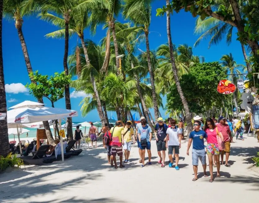 main beach busy shop restaurant street in boracay island philippines