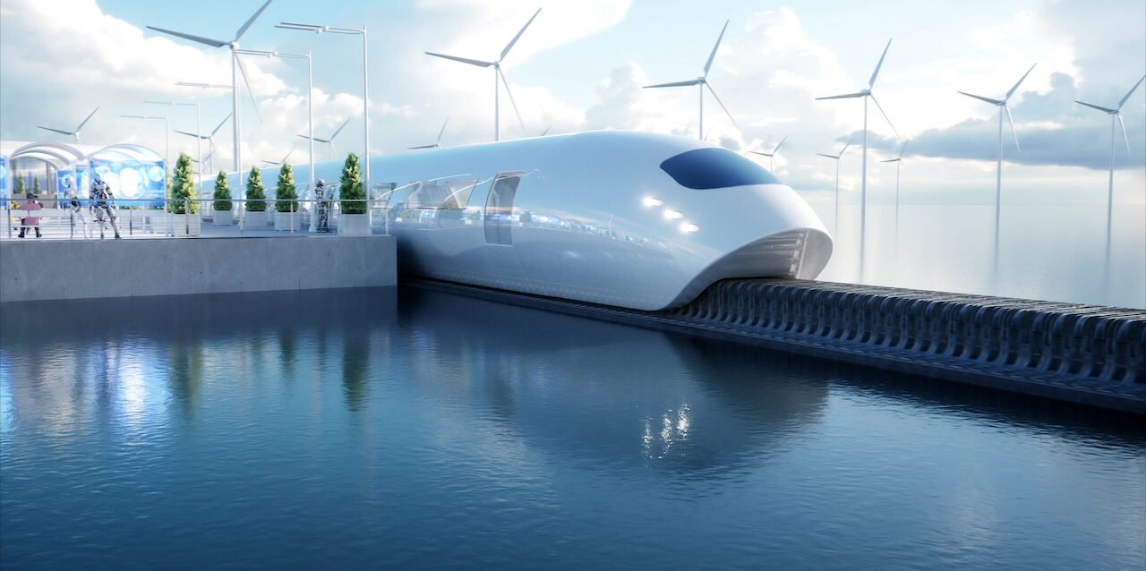 speedly Futuristic monorail train. Sci fi station. Concept of future. People and robots. Water and wind energy. 3d rendering.