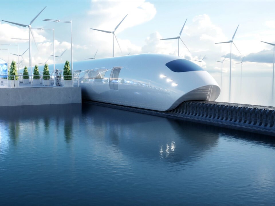 speedly Futuristic monorail train. Sci fi station. Concept of future. People and robots. Water and wind energy. 3d rendering.