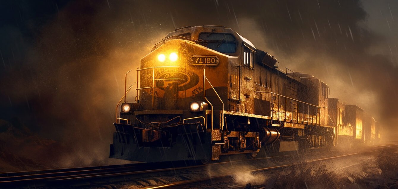 Steam locomotive speeds through abandoned mountain pass generated by AI