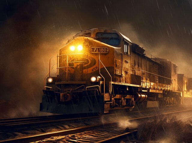 Steam locomotive speeds through abandoned mountain pass generated by AI