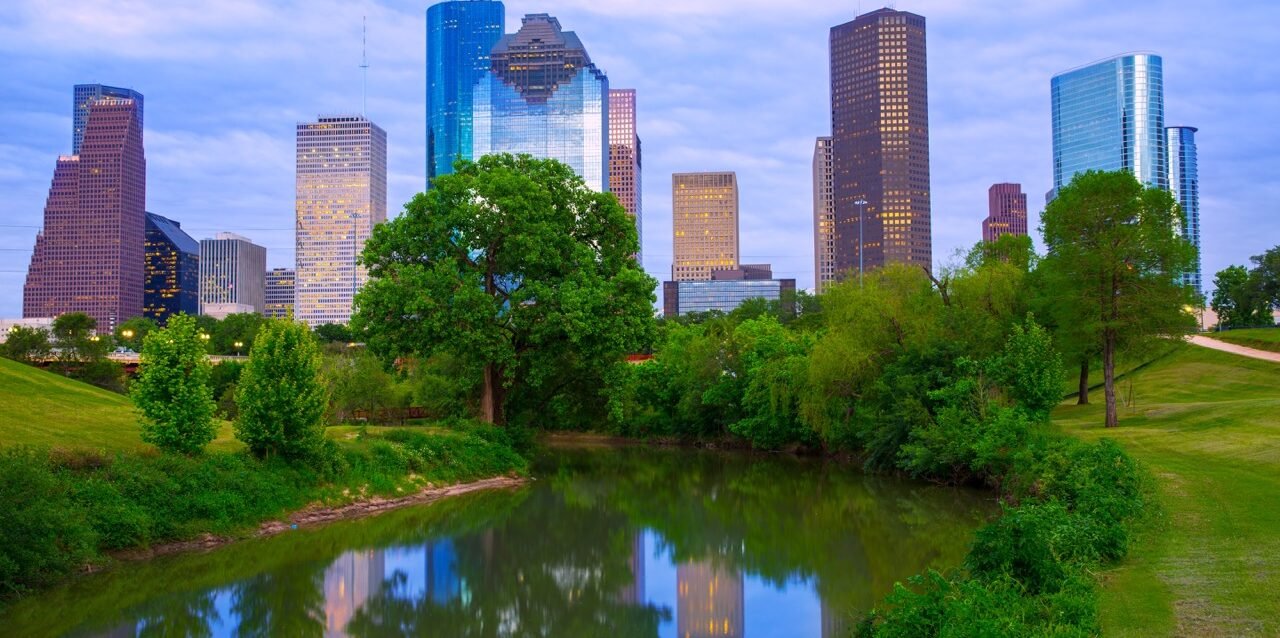 Houston Texas modern skyline from park river