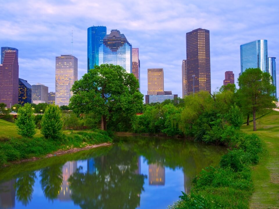 Houston Texas modern skyline from park river